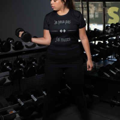 Image de t-shirt noir pour femme "Je peux pas j'ai muscu" - MCL Sérigraphie