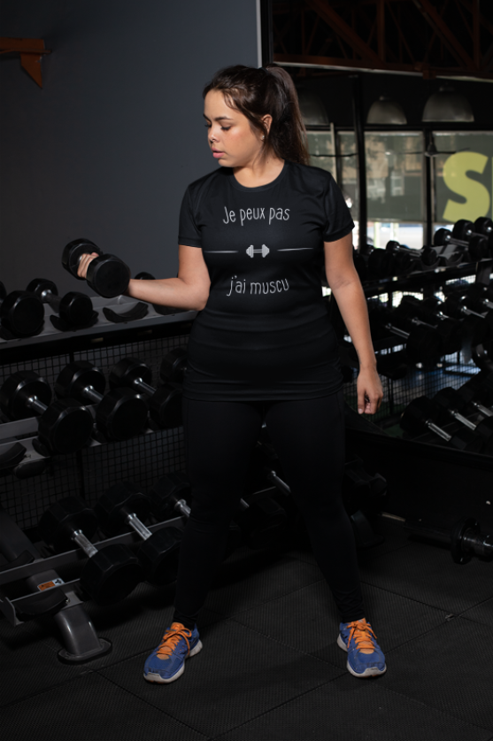 Image de t-shirt noir pour femme "Je peux pas j'ai muscu" - MCL Sérigraphie