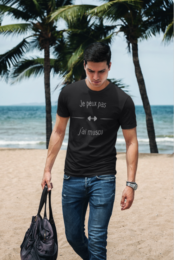 Image de t-shirt noir pour homme "Je peux pas j'ai muscu" - MCL Sérigraphie
