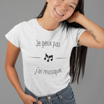 Image de t-shirt blanc pour femme "Je peux pas j'ai musique" - MCL Sérigraphie