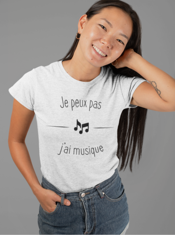Image de t-shirt blanc pour femme "Je peux pas j'ai musique" - MCL Sérigraphie