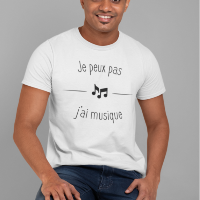 Image de t-shirt blanc pour homme "Je peux pas j'ai musique" - MCL Sérigraphie