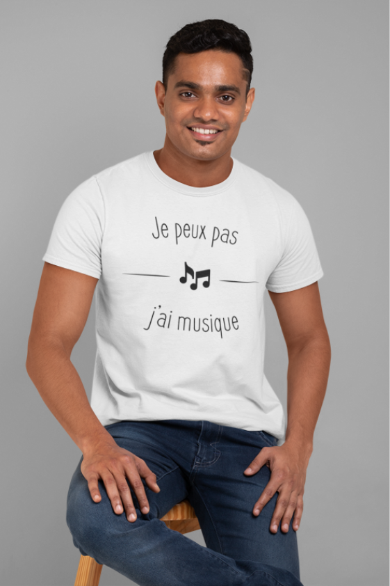 Image de t-shirt blanc pour homme "Je peux pas j'ai musique" - MCL Sérigraphie