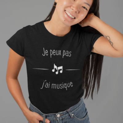 Image de t-shirt noir pour femme "Je peux pas j'ai musique" - MCL Sérigraphie