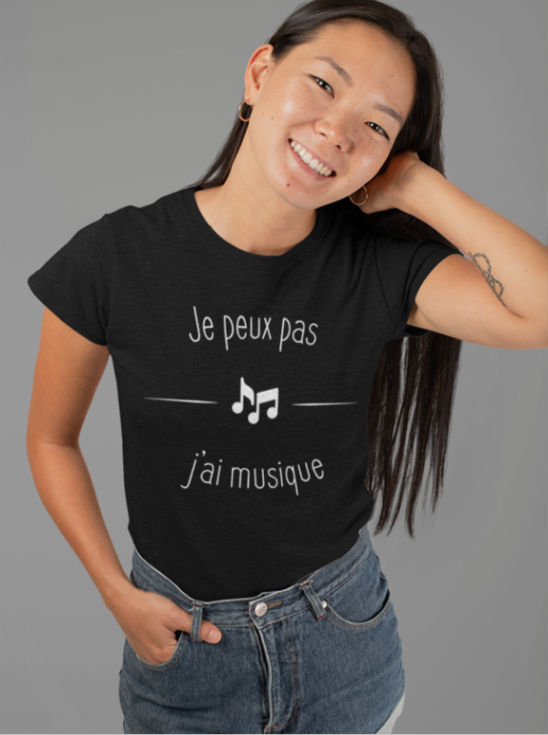Image de t-shirt noir pour femme "Je peux pas j'ai musique" - MCL Sérigraphie