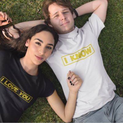 Image de duo de t-shirts noir femme et blanc homme "I Love You/I Know" - MCL Sérigraphie