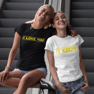 Image de duo de t-shirts noir et blanc femme "I Love You/I Know" - MCL Sérigraphie