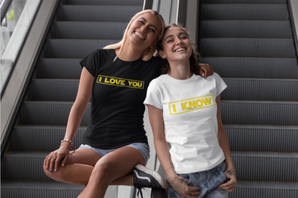 Image de duo de t-shirts noir et blanc femme "I Love You/I Know" - MCL Sérigraphie