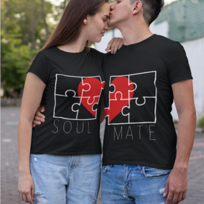 Image de duo de t-shirts noir femme et noir homme "Soul/Mate" - MCL Sérigraphie