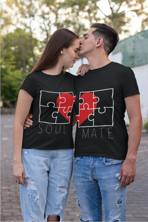 Image de duo de t-shirts noir femme et noir homme "Soul/Mate" - MCL Sérigraphie