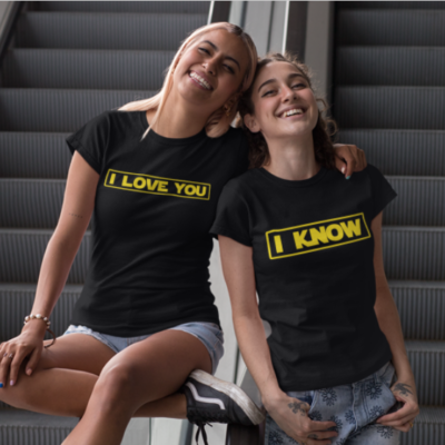 Image de duo de t-shirts noirs femme "I Love You/I Know" - MCL Sérigraphie