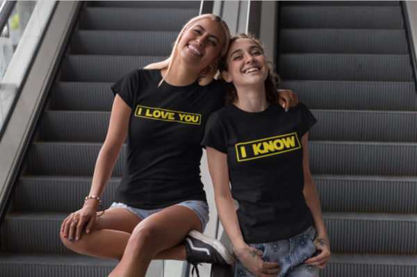 Image de duo de t-shirts noirs femme "I Love You/I Know" - MCL Sérigraphie
