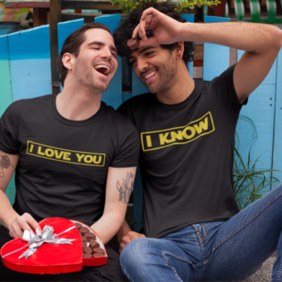 Image de duo de t-shirts noirs homme "I Love You/I Know" - MCL Sérigraphie