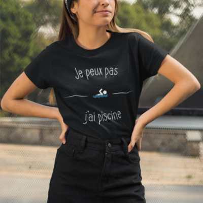 Image de t-shirt noir pour femme "Je peux pas j'ai piscine" - MCL Sérigraphie