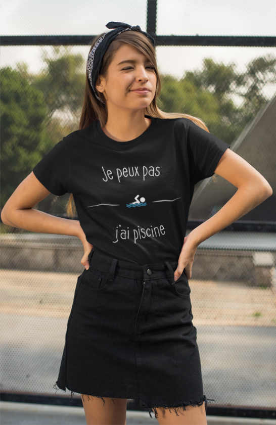 Image de t-shirt noir pour femme "Je peux pas j'ai piscine" - MCL Sérigraphie