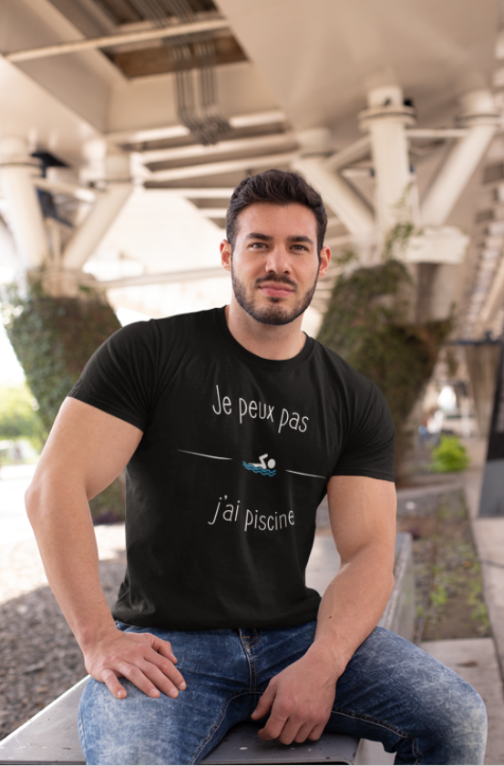 Image de t-shirt noir pour homme "Je peux pas j'ai piscine" - MCL Sérigraphie