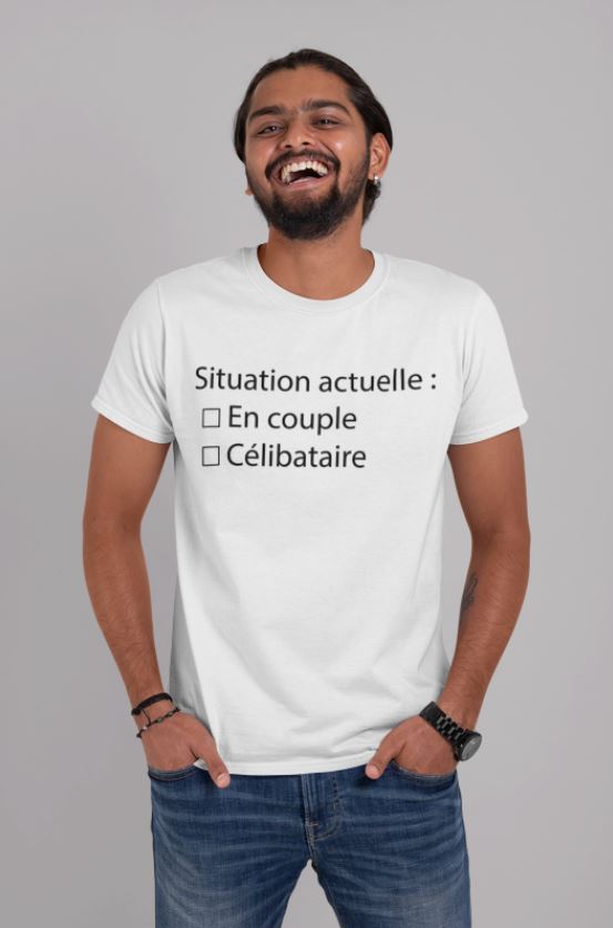 Image de t-shirt blanc homme "Situation actuelle : En couple/Célibataire" - MCL Sérigraphie