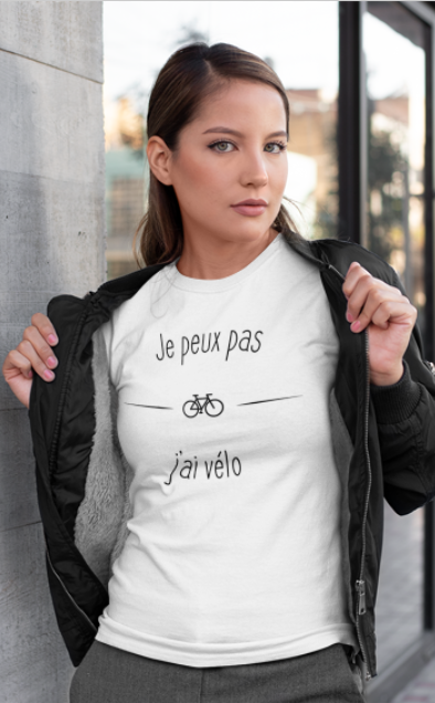 Image de t-shirt blanc pour femme "Je peux pas j'ai vélo" - MCL Sérigraphie