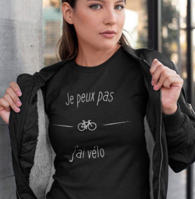 Image de t-shirt noir pour femme "Je peux pas j'ai vélo" - MCL Sérigraphie