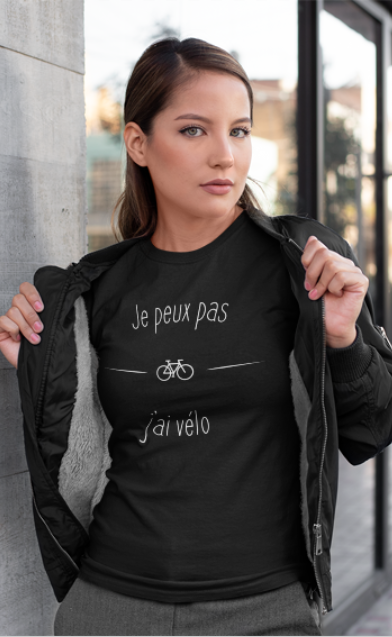 Image de t-shirt noir pour femme "Je peux pas j'ai vélo" - MCL Sérigraphie