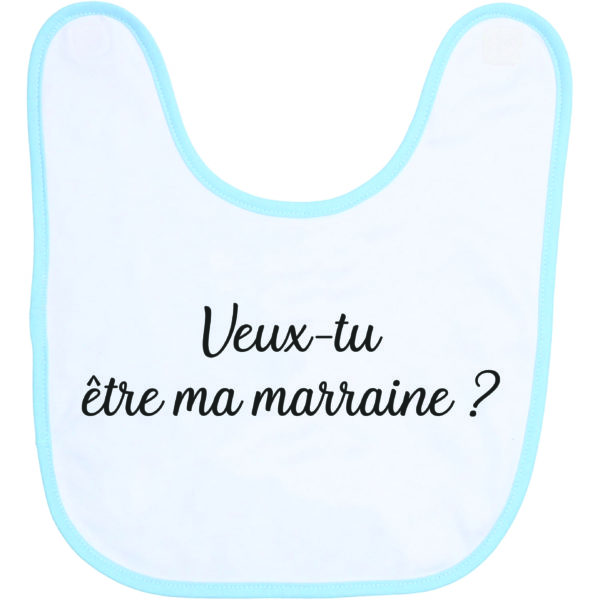 Image de bavoir bleu et blanc "veux-tu être ma marraine ?" - MCL Sérigraphie