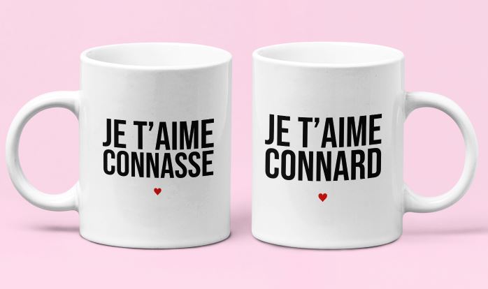 Image de mugs "Je t'aime connard/je t'aime connasse" - MCL Sérigraphie