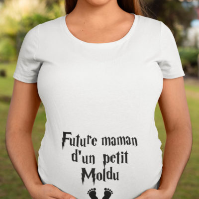 Image de t-shirt blanc pour femme "Future maman d'un petit Moldu" - MCL Sérigraphie