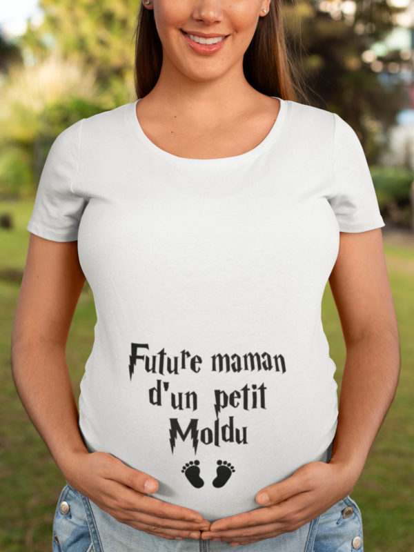 Image de t-shirt blanc pour femme "Future maman d'un petit Moldu" - MCL Sérigraphie