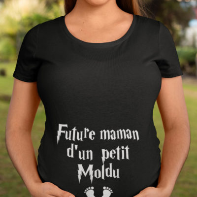 Image de t-shirt noir pour femme "Future maman d'un petit Moldu" - MCL Sérigraphie