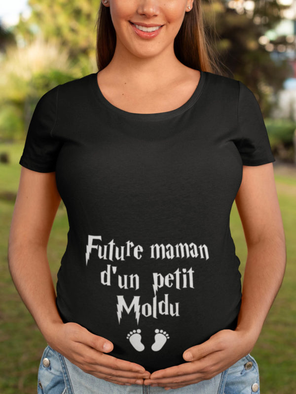 Image de t-shirt noir pour femme "Future maman d'un petit Moldu" - MCL Sérigraphie