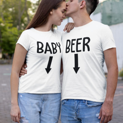 Image de duo t-shirts blanc couple "Baby/Beer" l MCL Sérigraphie