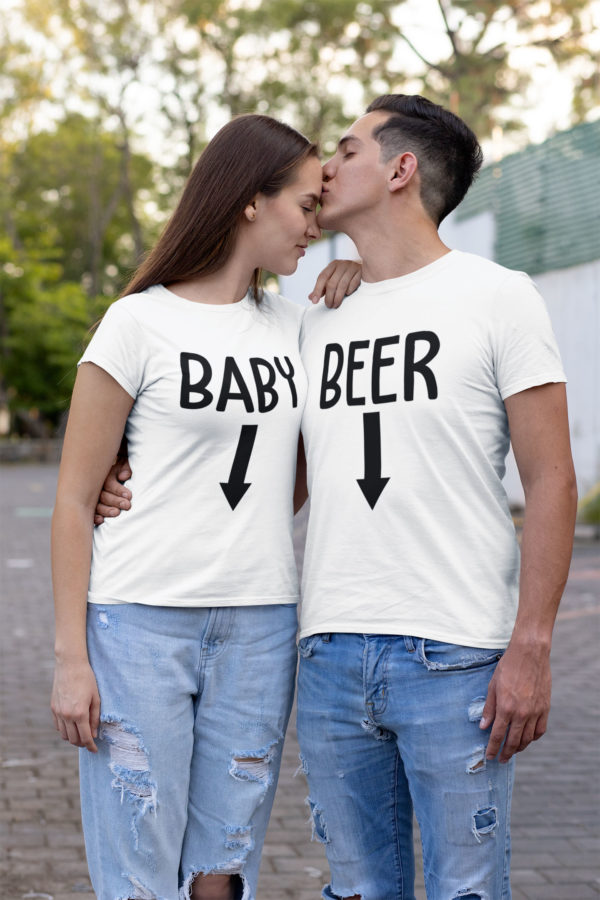 Image de duo t-shirts blanc couple "Baby/Beer" l MCL Sérigraphie