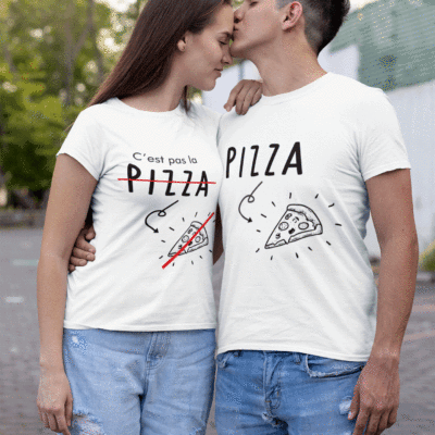 Image de t-shirts blancs duo couple/grossesse "Pizza/C'est pas la pizza" - MCL Sérigraphie