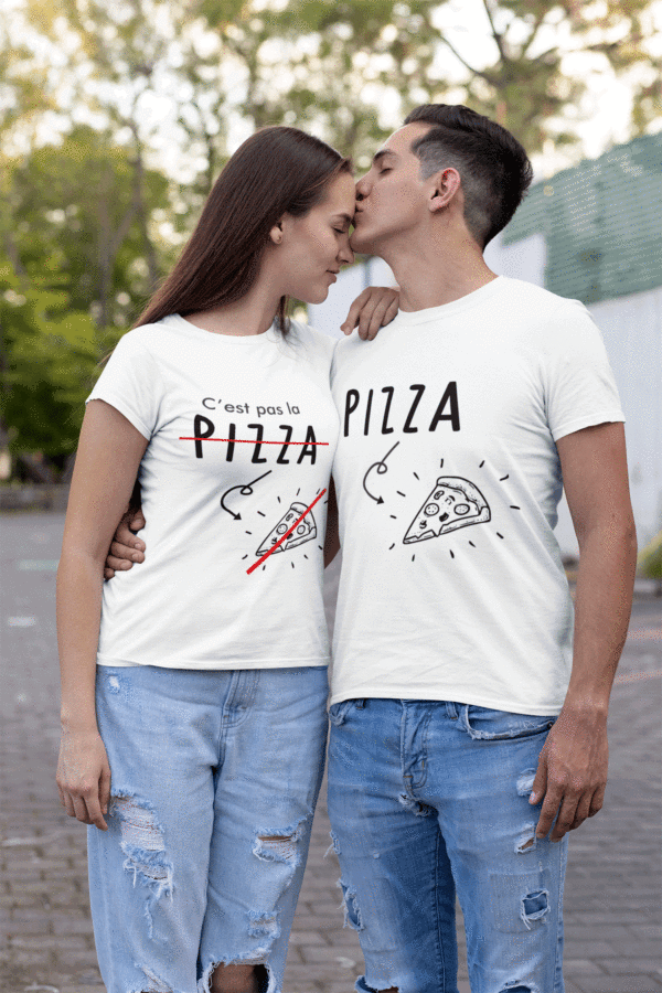 Image de t-shirts blancs duo couple/grossesse "Pizza/C'est pas la pizza" - MCL Sérigraphie