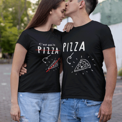 Image de t-shirts noirs duo couple/grossesse "Pizza/C'est pas la pizza" - MCL Sérigraphie