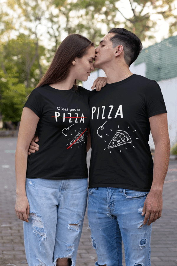 Image de t-shirts noirs duo couple/grossesse "Pizza/C'est pas la pizza" - MCL Sérigraphie