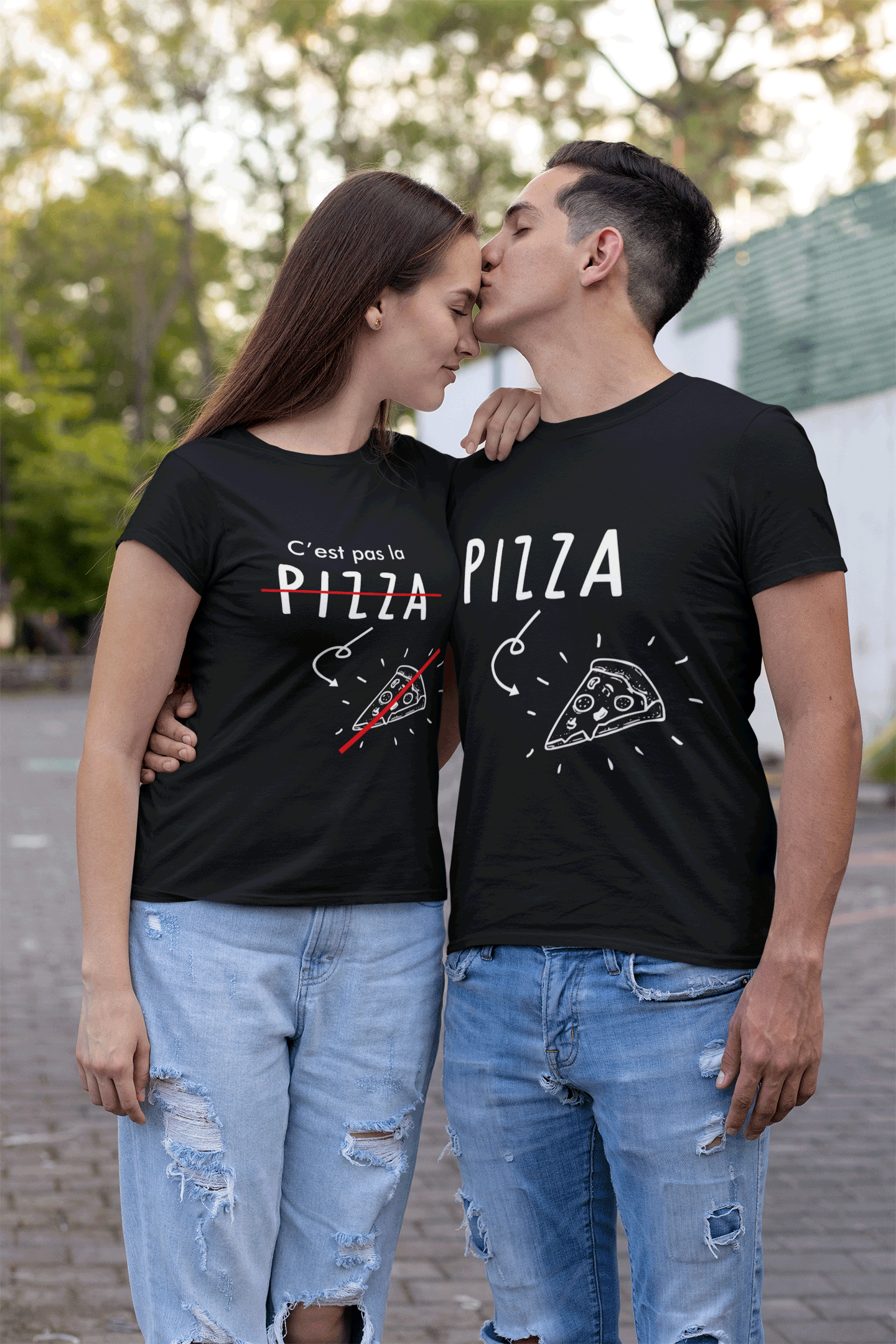 T-shirts blancs duo couple/grossesse "Pizza/C'est pas la pizza" - MCL Sérigraphie Image de t-shirts noirs duo couple/grossesse "Pizza/C'est pas la pizza" - MCL Sérigraphie