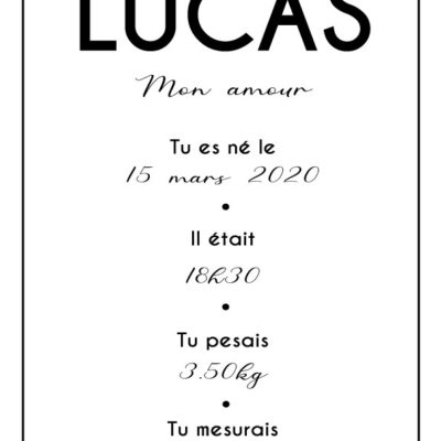 Affiche de naissance personnalisée noir et blanc - MCL Sérigraphie