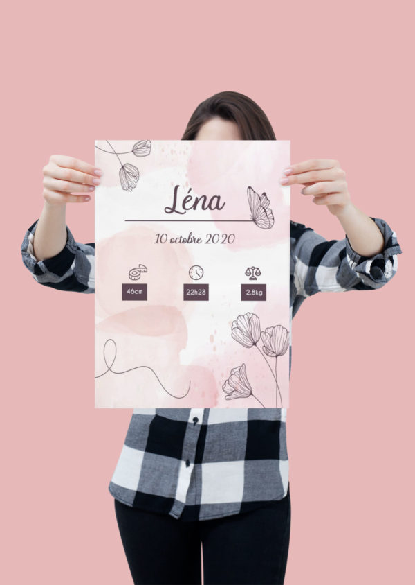 Affiche de naissance rose personnalisée - MCL Sérigraphie