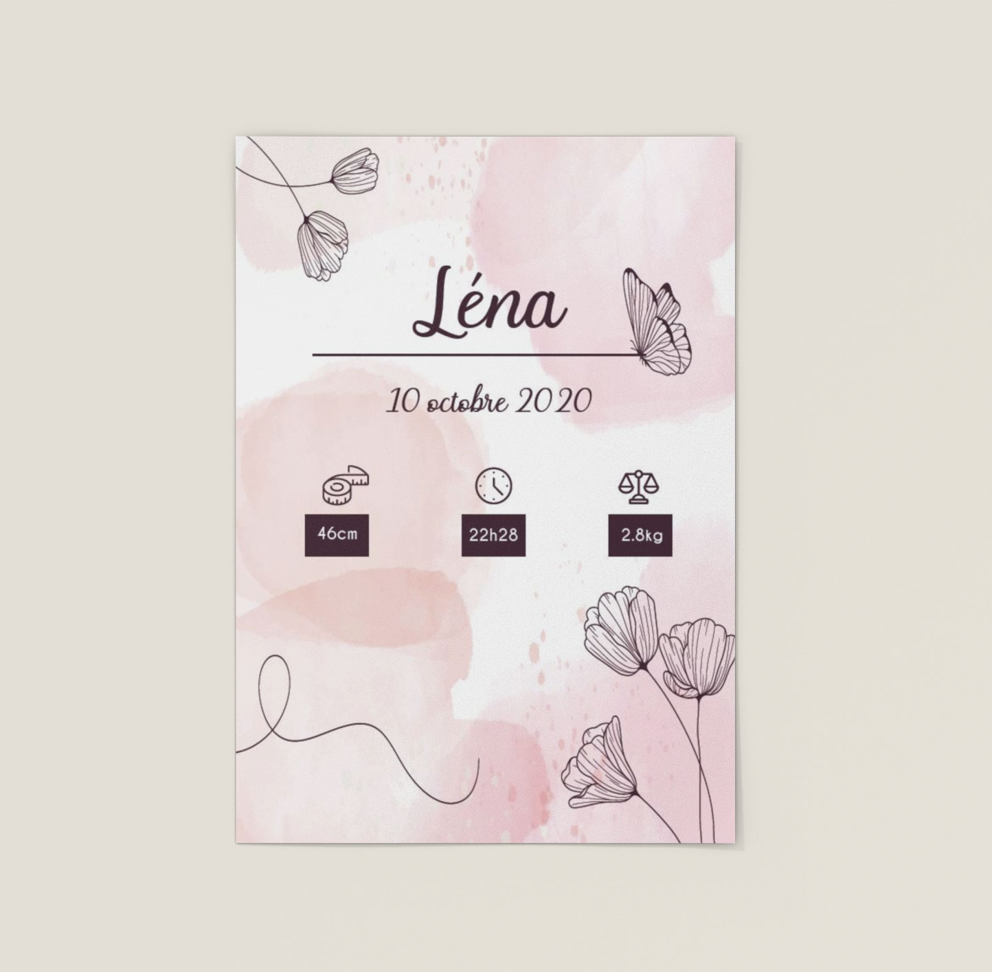 Affiche de naissance personnalisée rose - MCL Sérigraphie