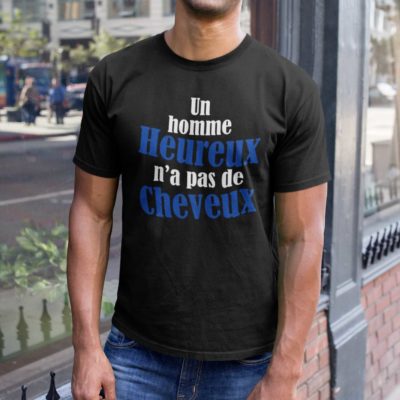 Image de t-shirt noir "Un homme heureux n'a pas de cheveux" - MCL Sérigraphie