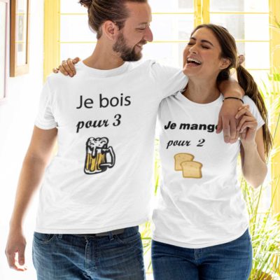 Image t-shirts duo blanc - " Je dois pour 3/ Je mange pour 2"-MCL Sérigraphie