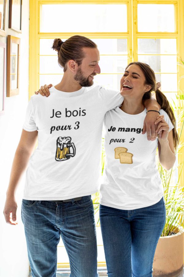 Image t-shirts duo blanc - " Je dois pour 3/ Je mange pour 2"-MCL Sérigraphie