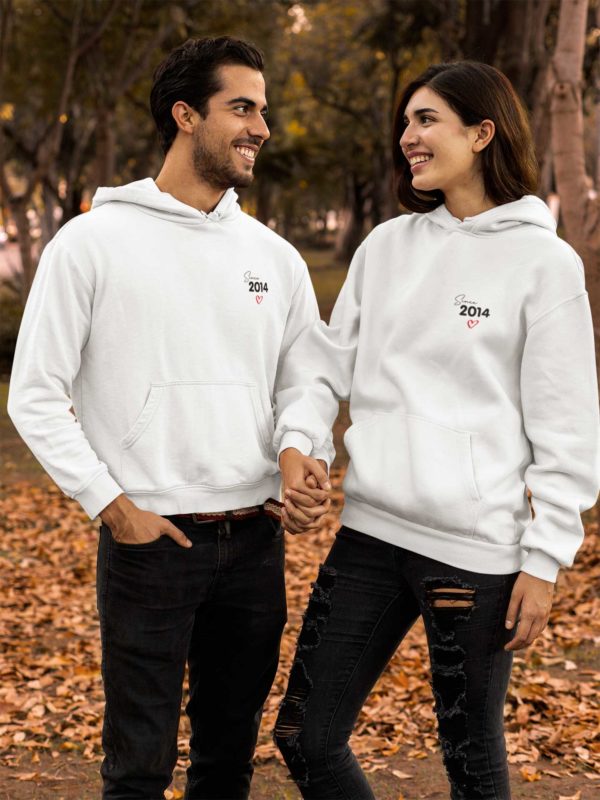 Image de Sweat à capuche blanc et noir duo couple "Since 2014"-MCL Sérigraphie