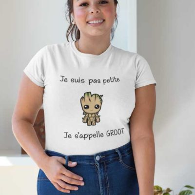 Image de t-shirt blanc "Je suis pas petite je s'appelle groot"-MCL Sérigraphie