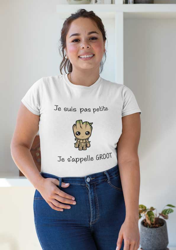 Image de t-shirt blanc "Je suis pas petite je s'appelle groot"-MCL Sérigraphie