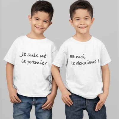 Image de t-shirts duo blanc "Je suis né le premier et moi le deuxième ! "-MCL Sérigraphie