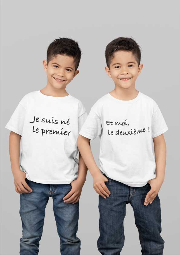 Image de t-shirts duo blanc "Je suis né le premier et moi le deuxième ! "-MCL Sérigraphie