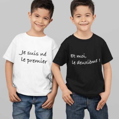 Image de t-shirts duo noir et blanc "Je suis né le premier et moi le deuxième ! "-MCL Sérigraphie