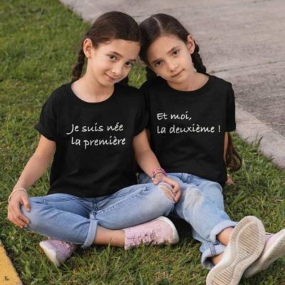 Image de t-shirts duo noir "Je suis née la première et moi la deuxième ! "-MCL Sérigraphie